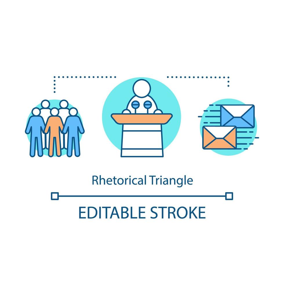 Rhetorical triangle concept icon. Public speaking. Orator, politician. Idea thin line illustration. Leader speech tips. Speaker, audience, message. Vector isolated outline drawing. Editable stroke