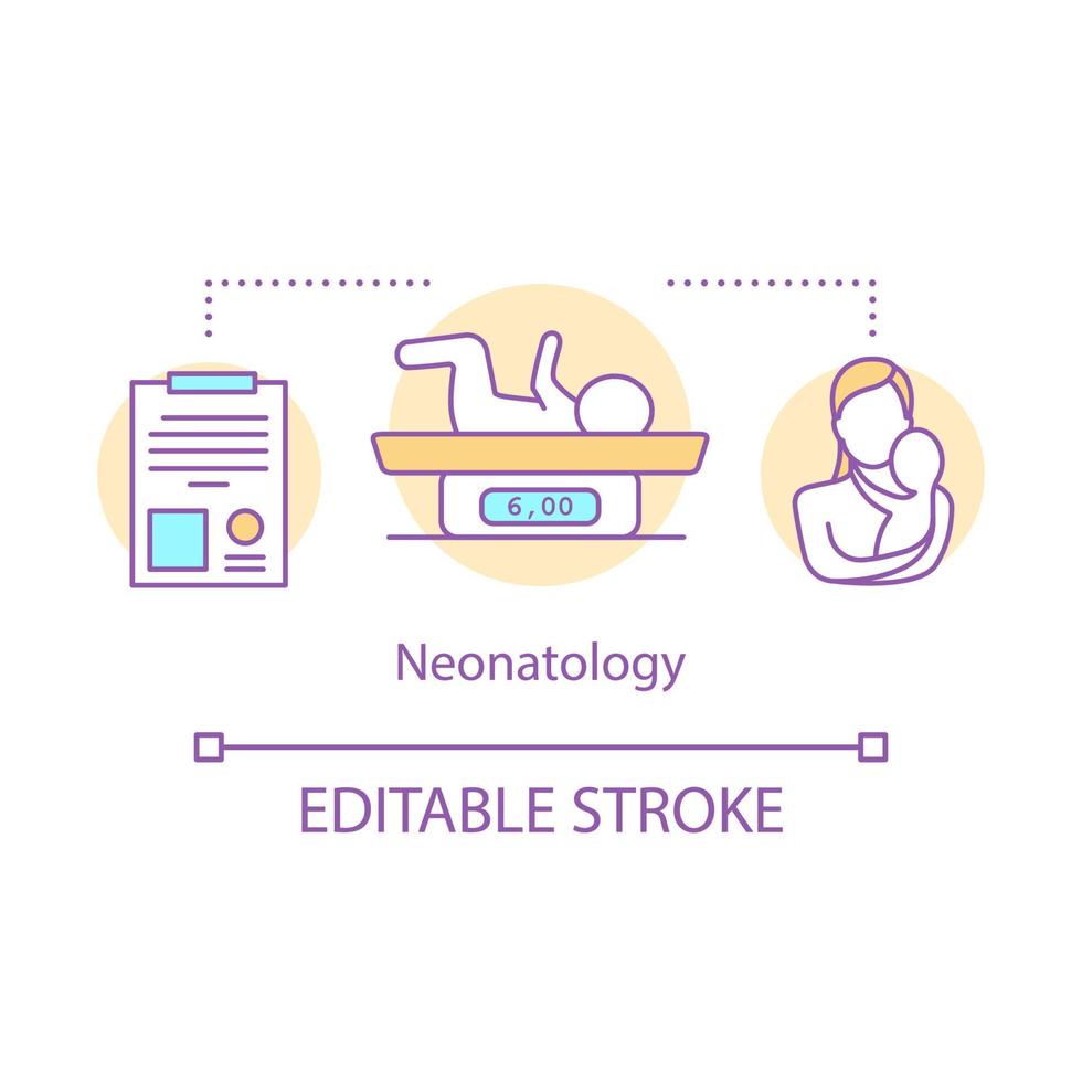Neonatology concept icon. Infant check up. Baby nursery. Neonatal resuscitation. Pediatric clinic. Newborn care service idea thin line illustration. Vector isolated outline drawing. Editable stroke