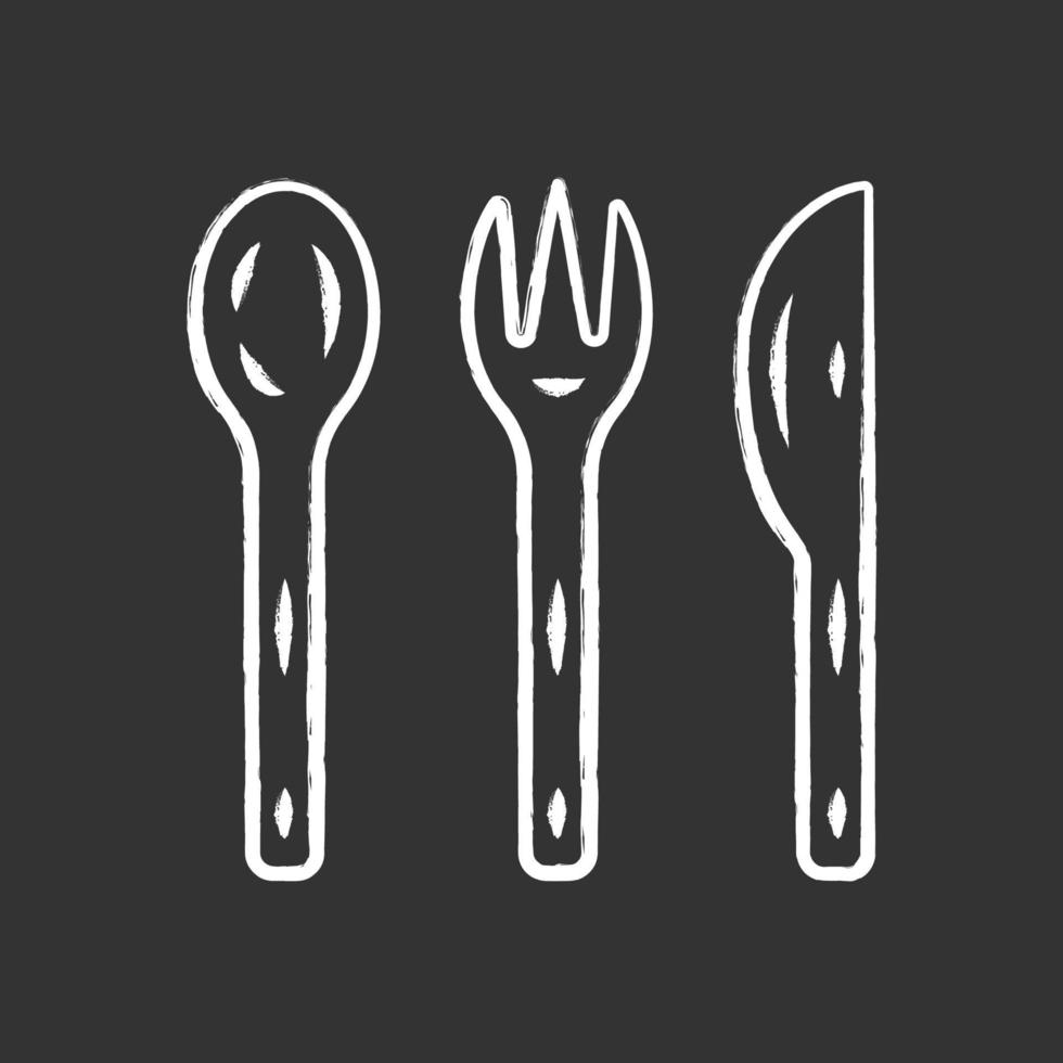 Reusable bamboo cutlery set chalk icon. Zero waste recyclable kitchen tableware. Eco-friendly disposable fork, knife, spoon. Isolated vector chalkboard illustration