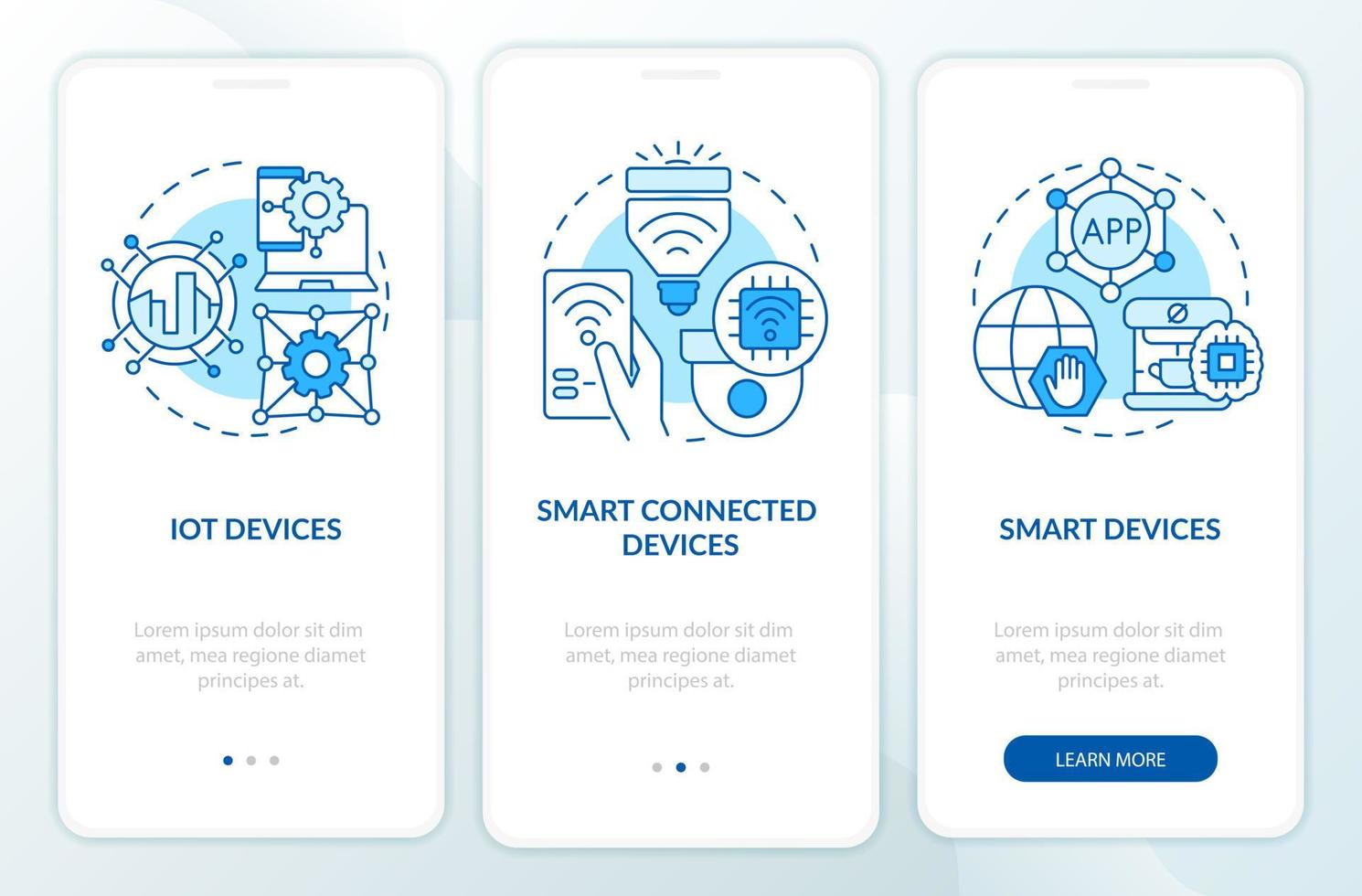 Smart technologies types blue onboarding mobile app screen. Innovation walkthrough 3 steps graphic instructions pages with linear concepts. UI, UX, GUI template. Myriad Pro-Bold, Regular fonts used vector