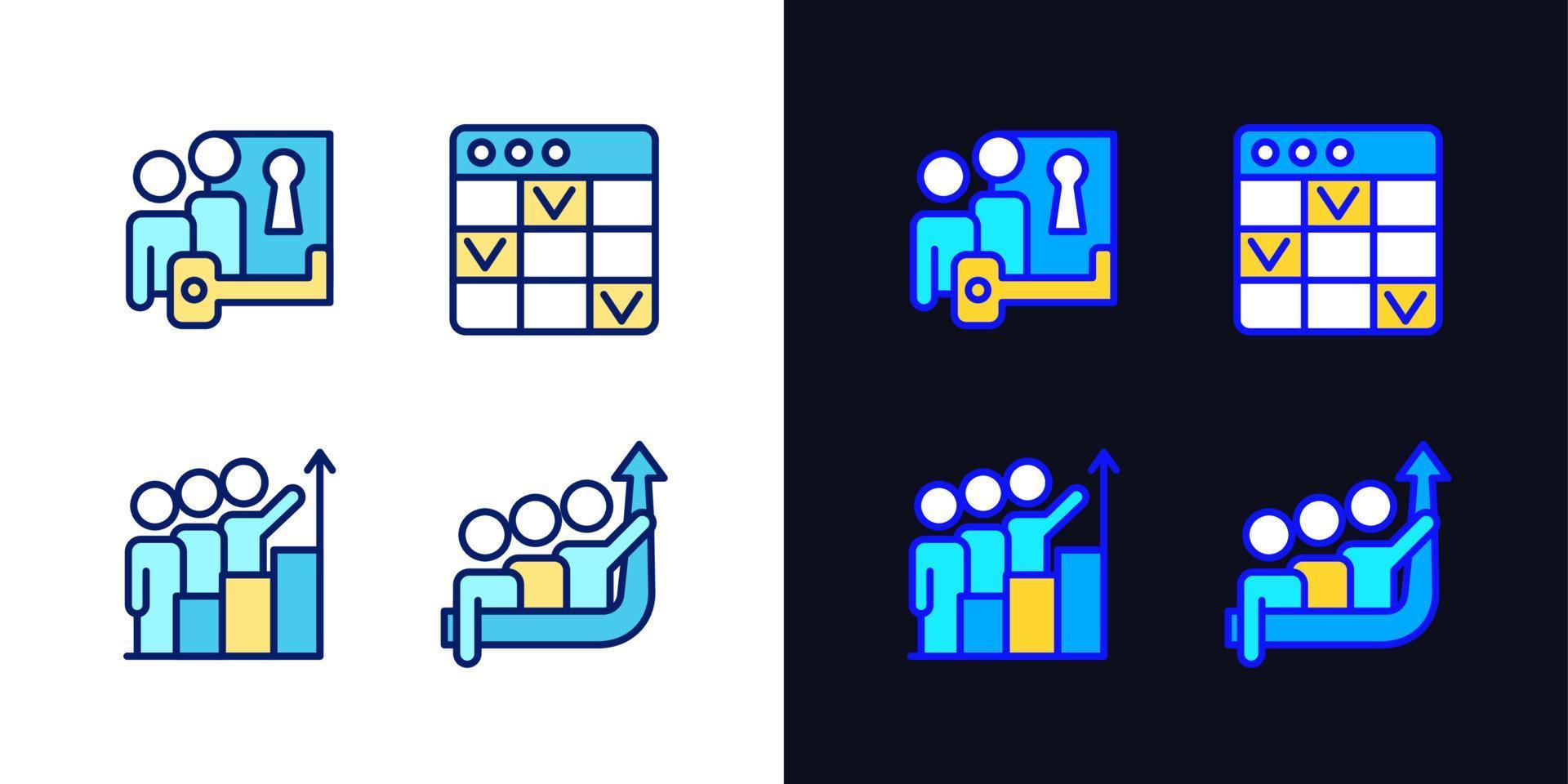 Team project pixel perfect light and dark theme color icons set. Problem solving. Simple filled line drawings. Bright cliparts on white and black. Editable stroke. Quicksand-Light font used vector