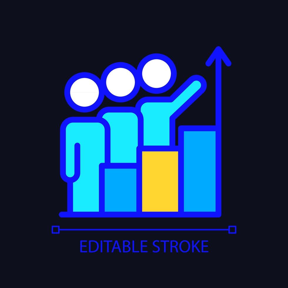 icono de color rgb perfecto de píxeles de seguimiento de progreso para tema oscuro. inversión en crecimiento. proceso colaborativo. dibujo de línea rellena simple en el fondo del modo nocturno. trazo editable. fuente arial utilizada vector