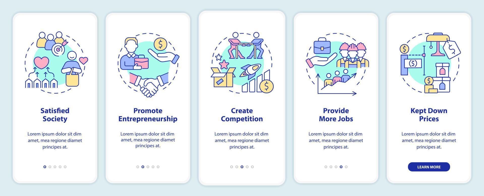 Market economy advantages onboarding mobile app screen. Walkthrough 5 steps graphic instructions pages with linear concepts. UI, UX, GUI template. Myriad Pro-Bold, Regular fonts used vector