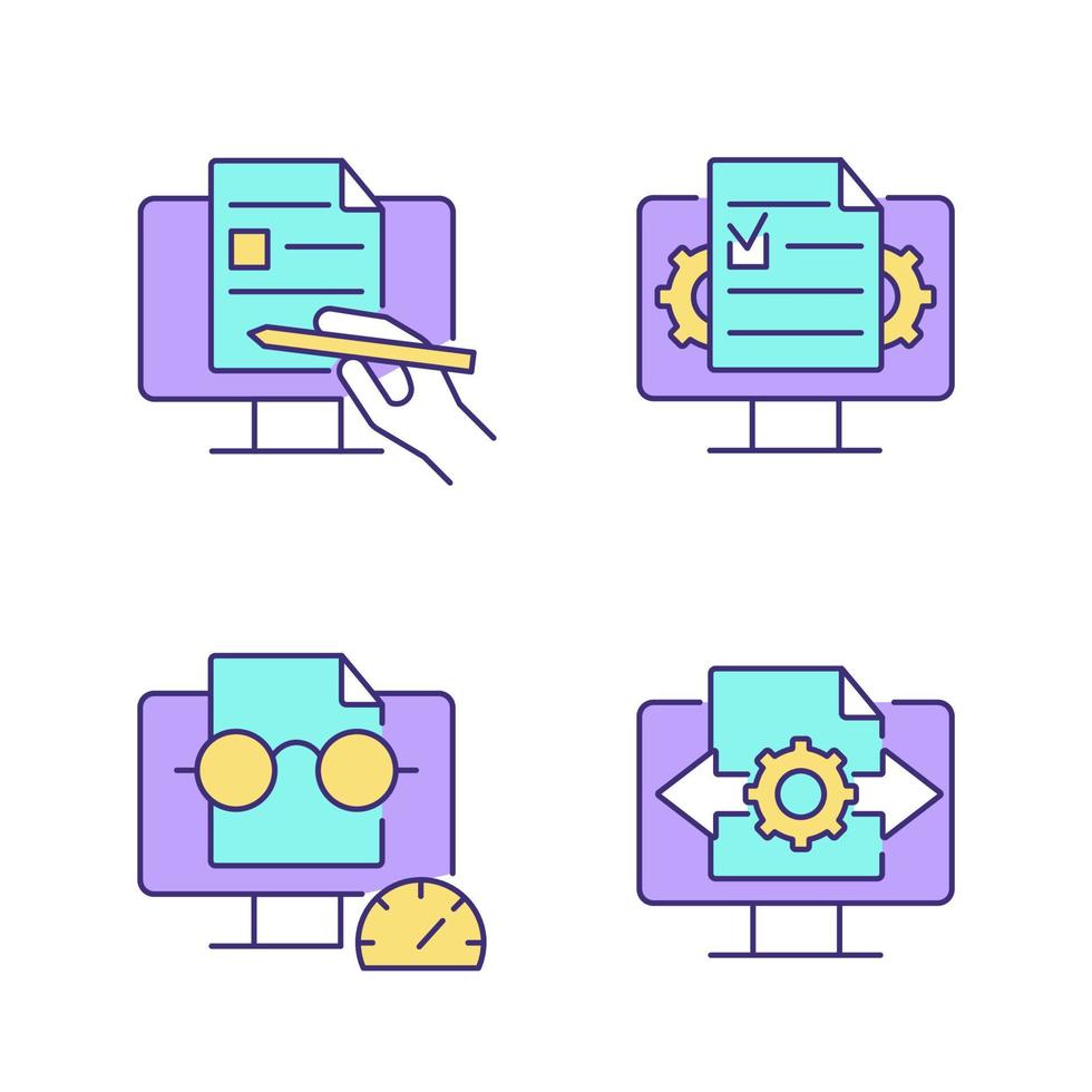 Proficiency in document management RGB color icons set. Digital writing. Speed reading. Decision making. Isolated vector illustrations. Simple filled line drawings collection. Editable stroke
