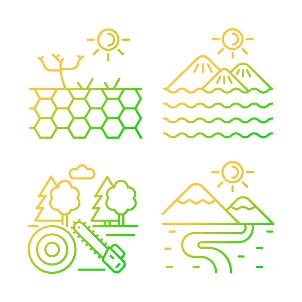 Diverse landforms gradient linear vector icons set. Barren and working soil. Forest cutting industry. Terrestrial landforms. Thin line contour symbols bundle. Isolated outline illustrations collection