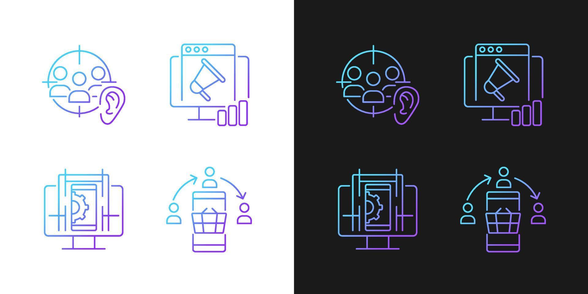 Gaining digital proficiency gradient icons set for dark and light mode. Active listening. Thin line contour symbols bundle. Isolated vector outline illustrations collection on black and white