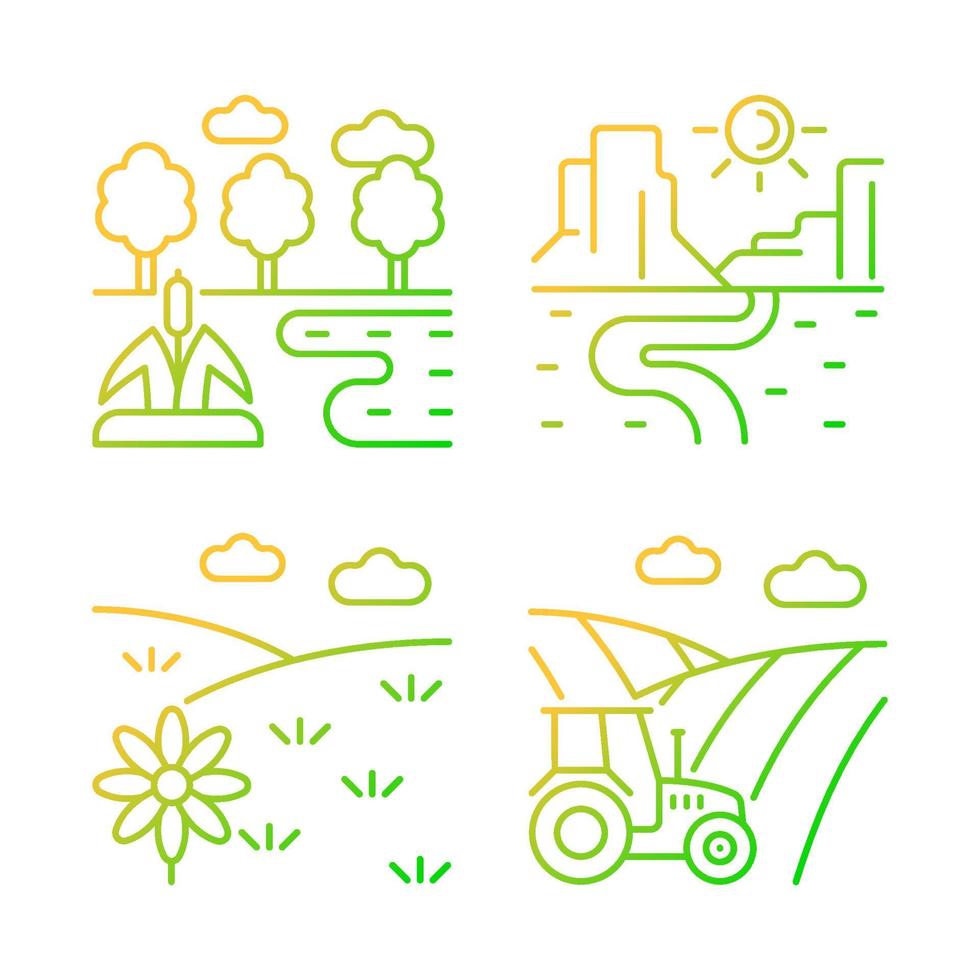 Diverse land types gradient linear vector icons set. Cultivable and barren soil. Plant growing climate condition. Thin line contour symbols bundle. Isolated outline illustrations collection