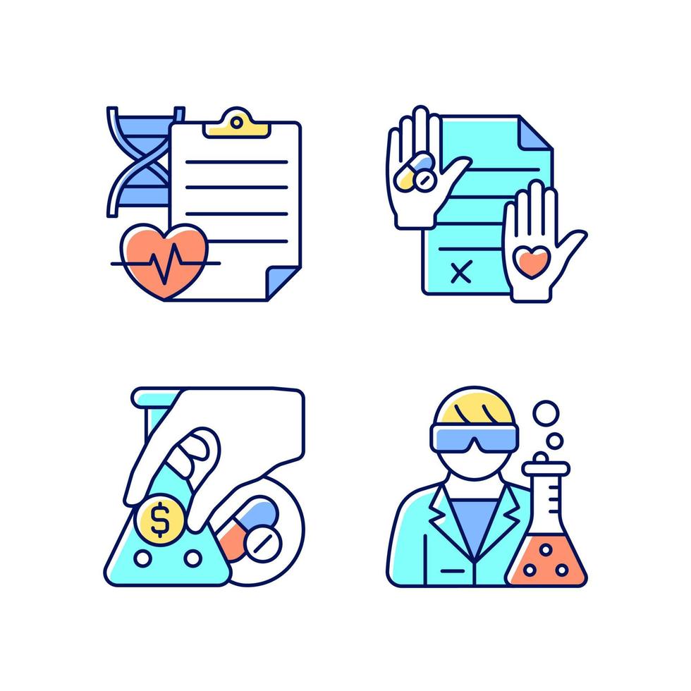 Experimental research RGB color icons set. Measure clinical outcomes. Informed consent. Crowdfunding campaign. Medical researcher. Isolated vector illustrations. Simple filled line drawings collection