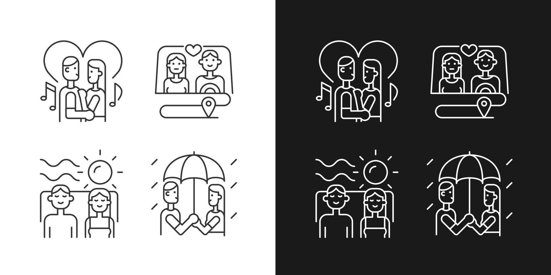 Couple quality time linear icons set for dark and light mode. Spending time as family. Weekend with partner tips. Customizable thin line symbols. Isolated vector outline illustrations. Editable stroke