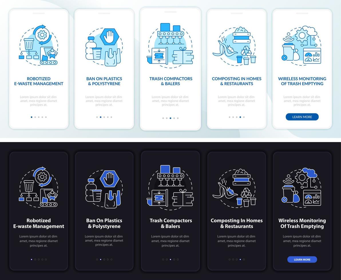 tendencias de reciclaje incorporando la pantalla de la página de la aplicación móvil. Tutorial de la industria de residuos 5 pasos instrucciones gráficas con conceptos. ui, ux, plantilla vectorial gui con ilustraciones lineales en modo día y noche vector