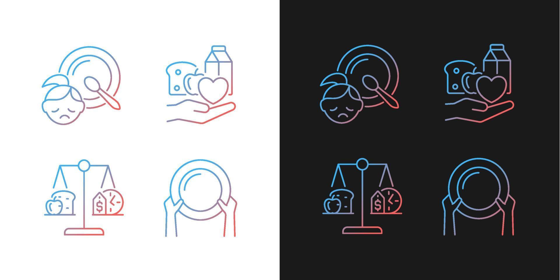 Helping people in need gradient icons set for dark and light mode. Food donation and charity. Thin line contour symbols bundle. Isolated vector outline illustrations collection on black and white