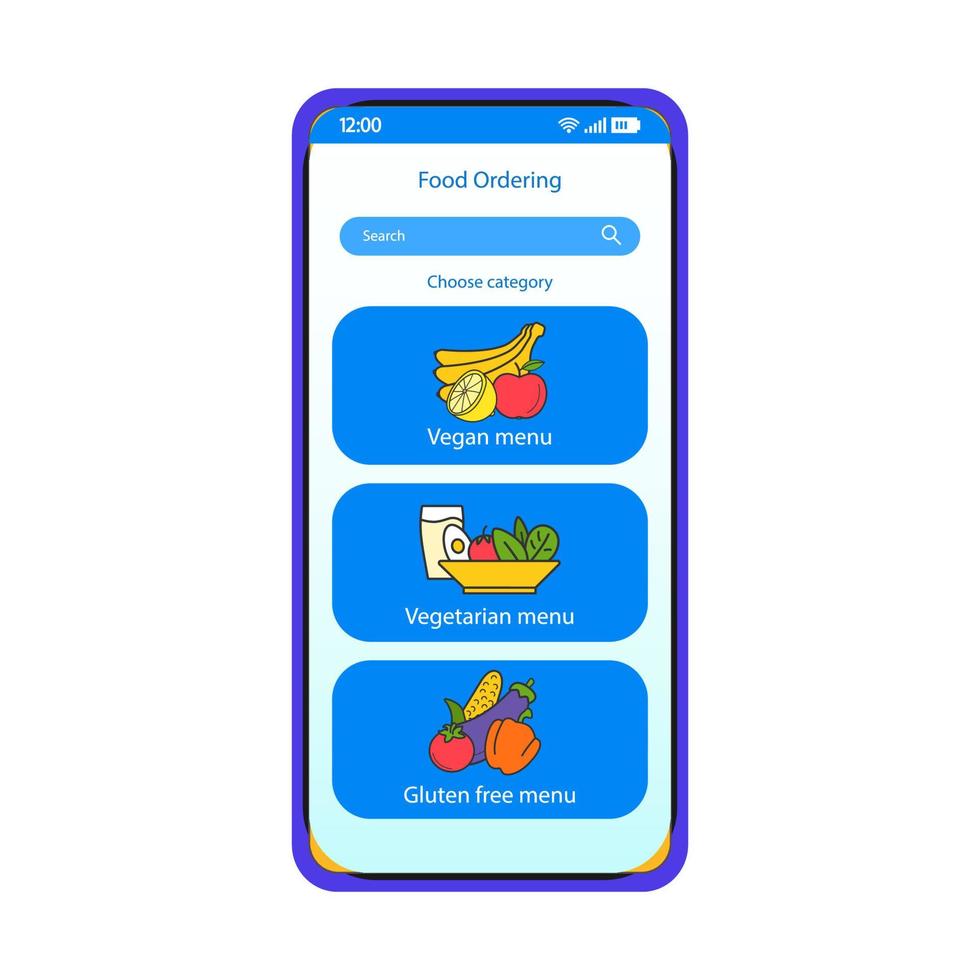 Food ordering online app smartphone interface vector template. Mobile page blue design layout. Vegan, vegetarian, gluten free menu screen. Flat UI for application. Food delivery service. Phone display
