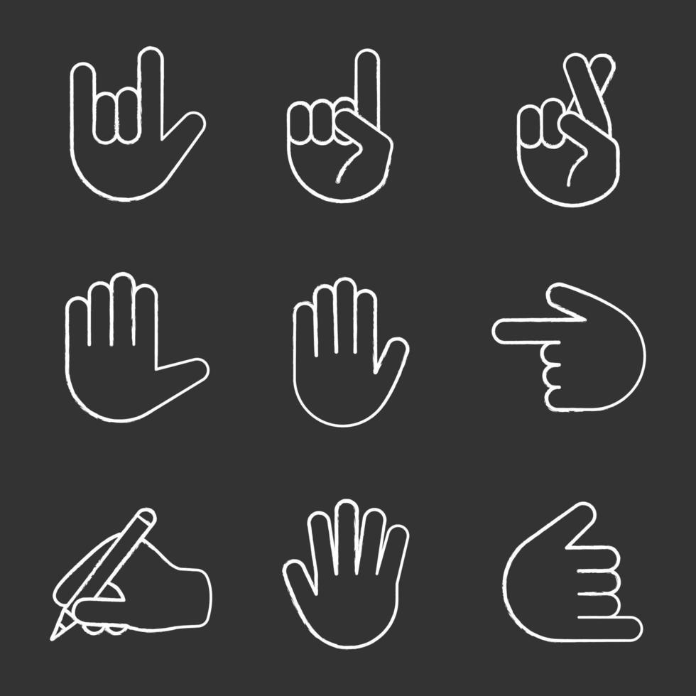 conjunto de iconos de tiza de emojis de gesto de mano. te amo, rock on, índice de revés apuntando hacia la izquierda y hacia arriba, suerte, cinco altos, contando cinco, shaka gesticulando, escribiendo a mano. Ilustraciones de vector pizarra