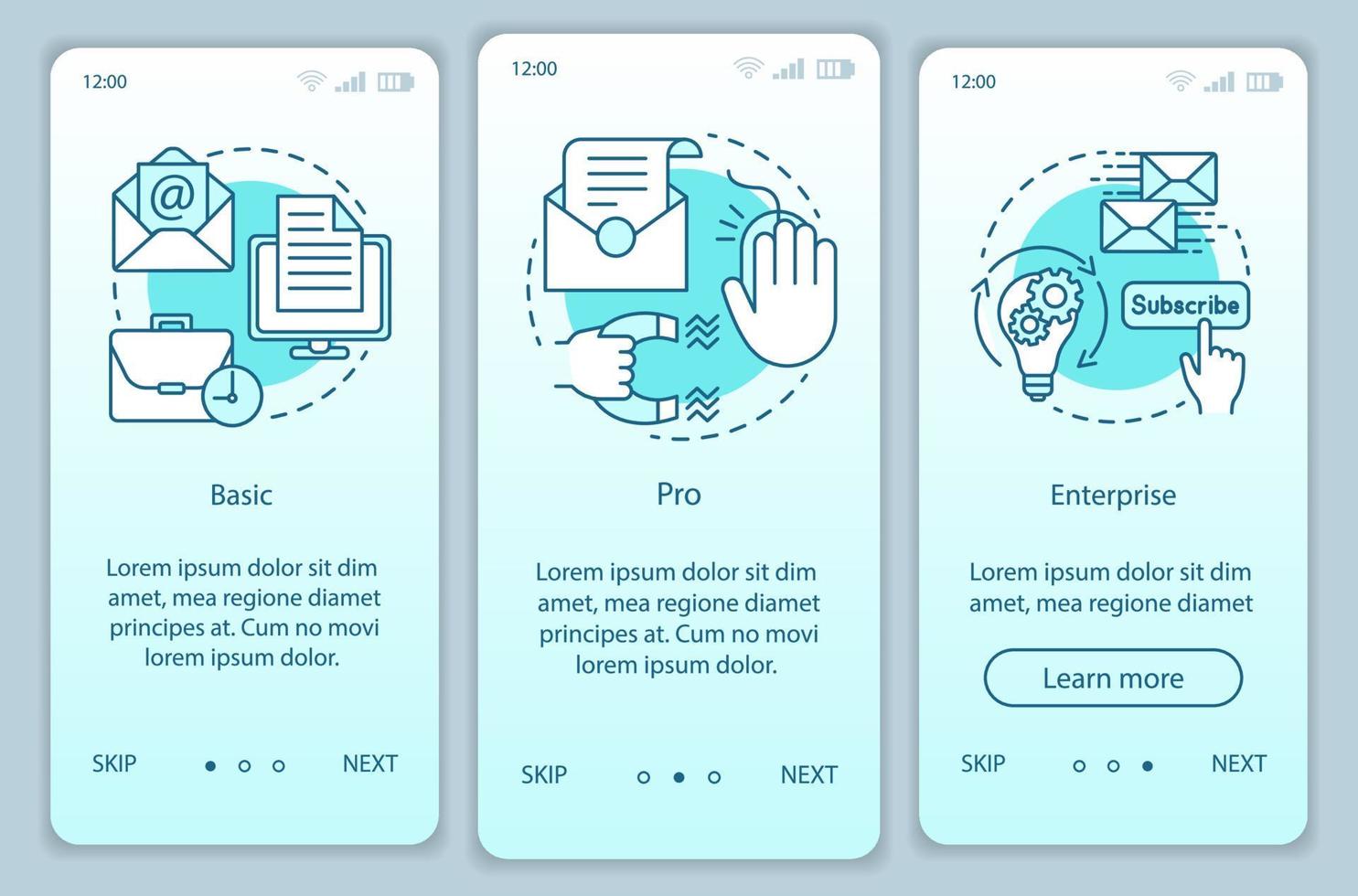 Email marketing subscription onboarding mobile app page screen vector template. Basic or pro tariffs. Walkthrough website steps with linear illustrations. UX, UI, GUI smartphone interface concept