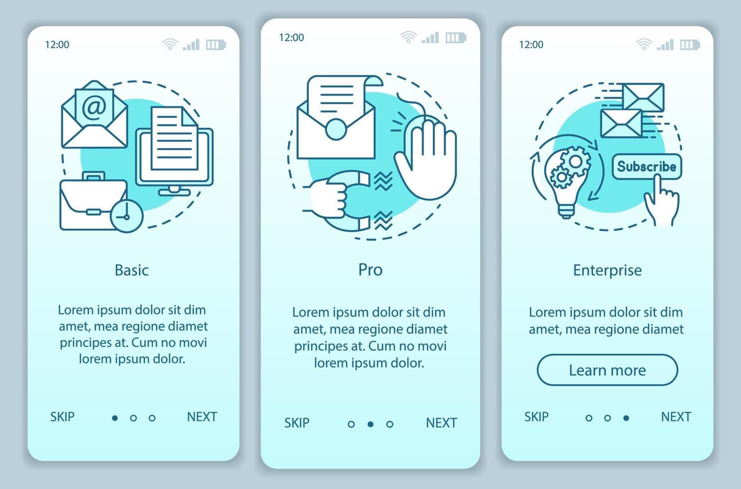 plantilla de vector de pantalla de página de aplicación móvil de incorporación de suscripción de marketing por correo electrónico. tarifas básicas o pro. paso a paso del sitio web con ilustraciones lineales. ux, ui, concepto de interfaz de teléfono inteligente gui