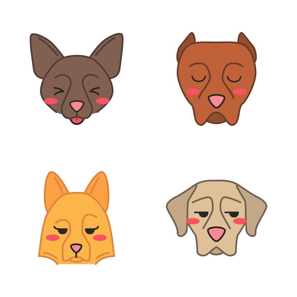 Dogs cute kawaii vector characters. Animals with sad muzzles. Laughing Border Collie with tongue. Unamused Shorthaired Pointer. Funny emoji, stickers, emoticon set. Isolated cartoon color illustration