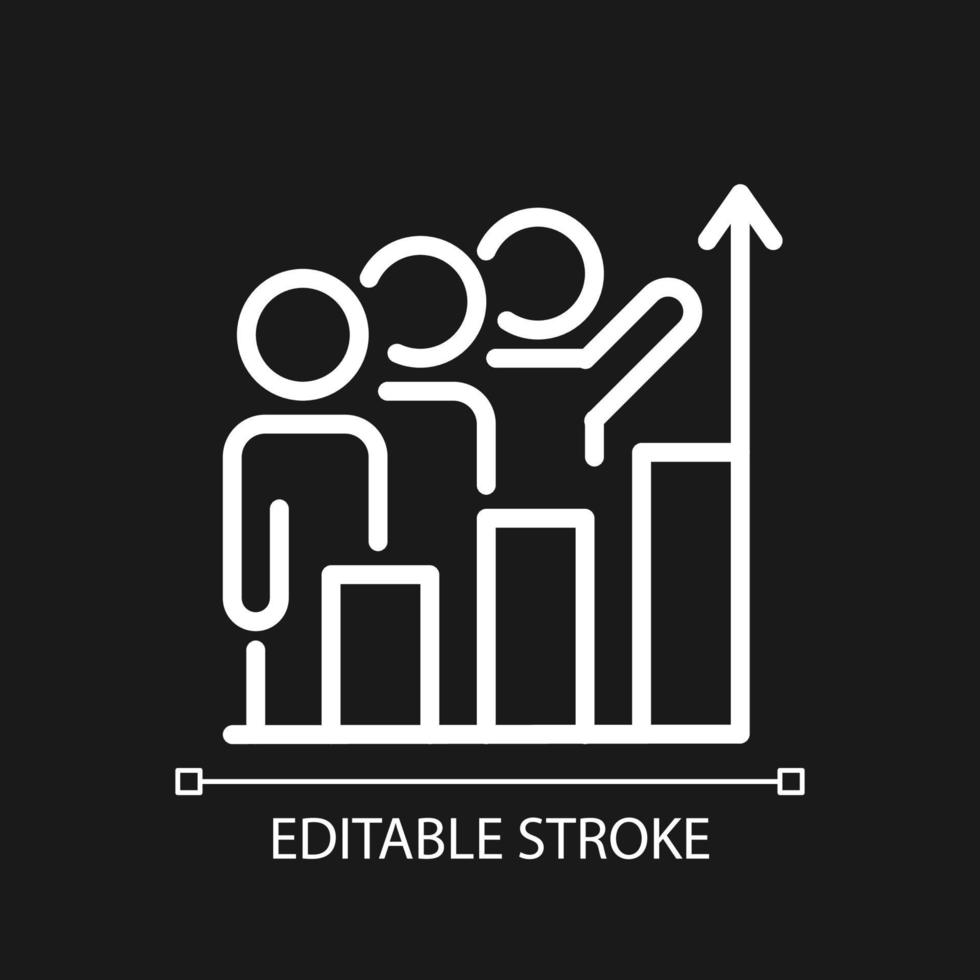 Progress monitoring pixel perfect white linear icon for dark theme. Collaborative process with team. Thin line illustration. Isolated symbol for night mode. Editable stroke. Arial font used vector