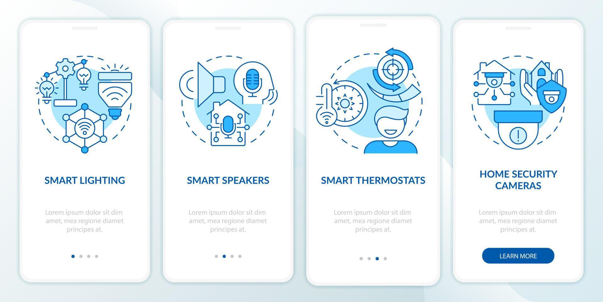 Smart home gadgets blue onboarding mobile app screen. Thermostats walkthrough 4 steps graphic instructions pages with linear concepts. UI, UX, GUI template. Myriad Pro-Bold, Regular fonts used vector