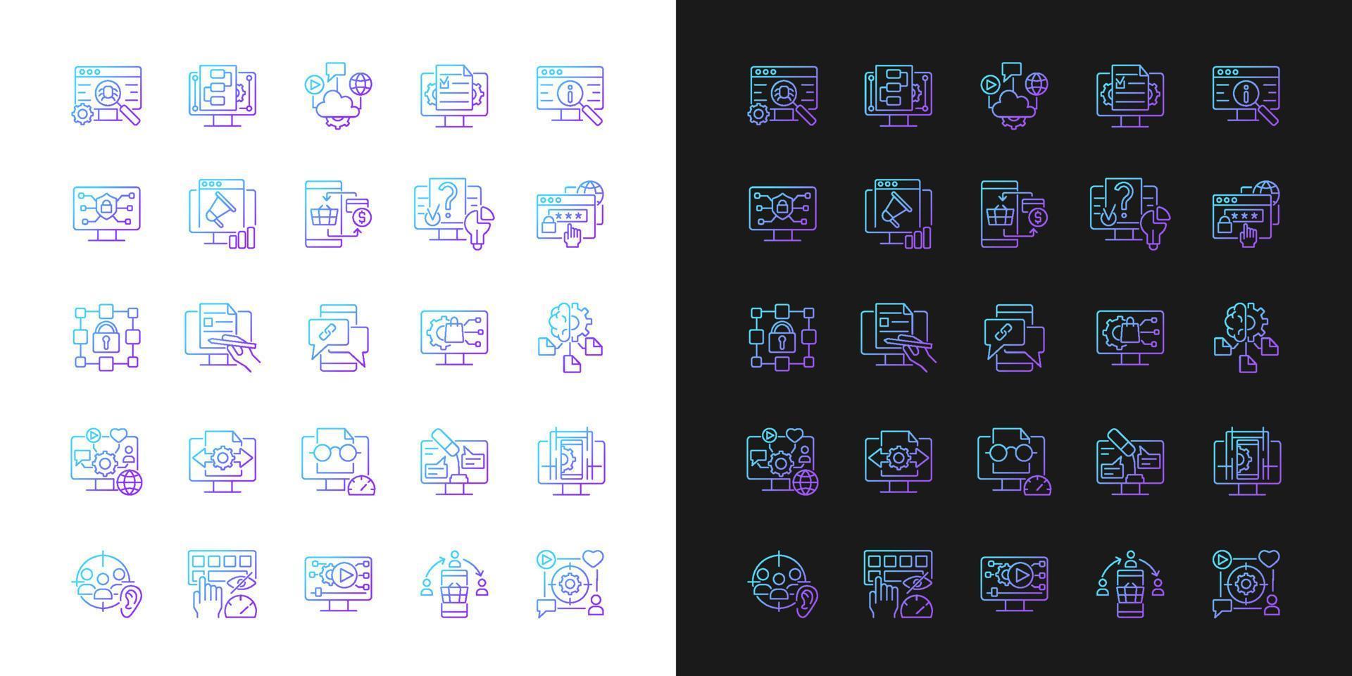Digital skills gradient icons set for dark and light mode. Gaining literacy competencies. Thin line contour symbols bundle. Isolated vector outline illustrations collection on black and white