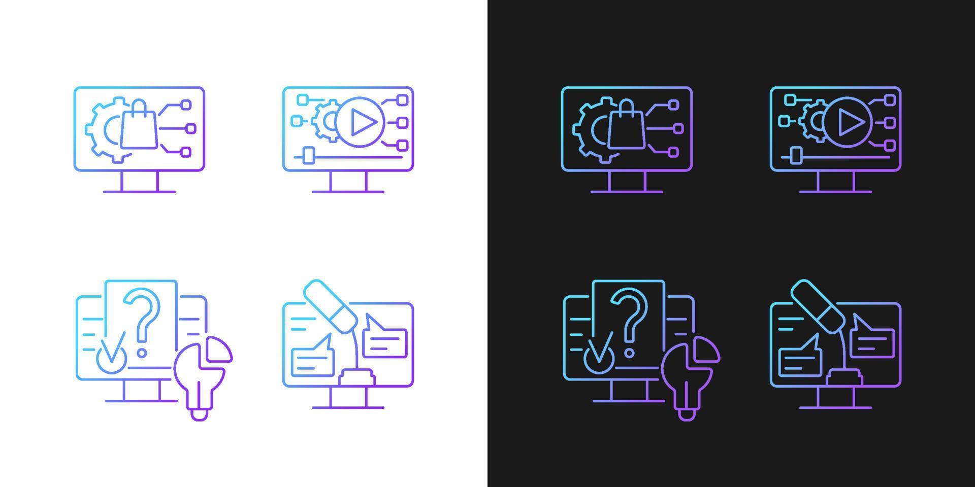 Engaging with digital technology gradient icons set for dark and light mode. Product development. Thin line contour symbols bundle. Isolated vector outline illustrations collection on black and white