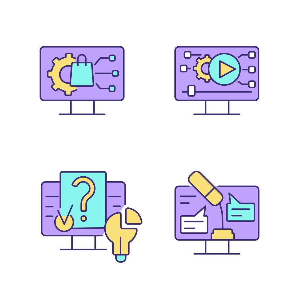 Engaging with digital technology RGB color icons set. Product development. Video for social media. Online speech. Isolated vector illustrations. Simple filled line drawings collection. Editable stroke