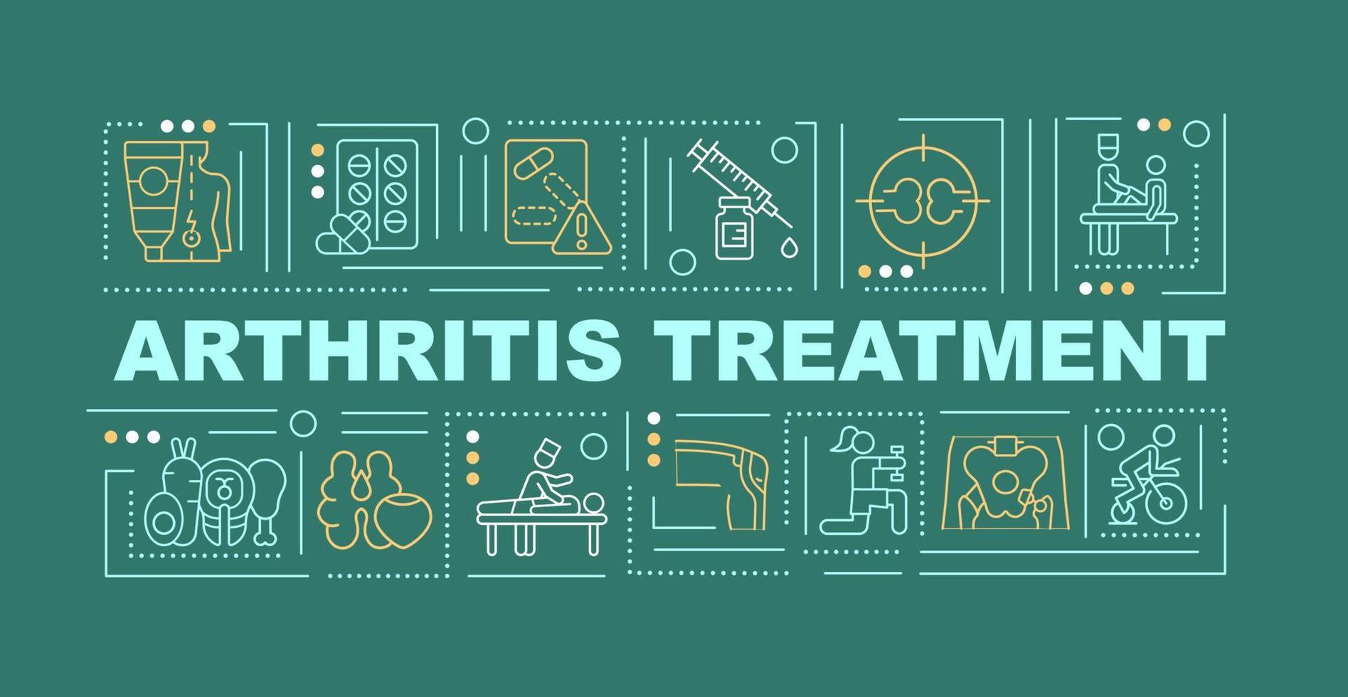 Arthritis healing word concepts banner. Therapy and surgery. Infographics with linear icons on green background. Isolated creative typography. Vector outline color illustration with text