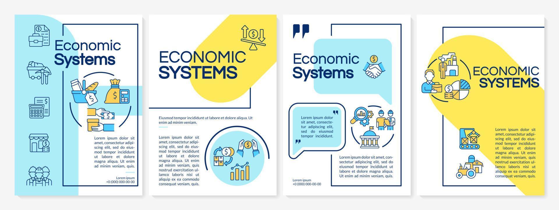 Economic system guideline blue, yellow brochure template. Commerce, marketing. Leaflet design with linear icons. 4 vector layouts for presentation, annual reports. Questrial, Lato-Regular fonts used