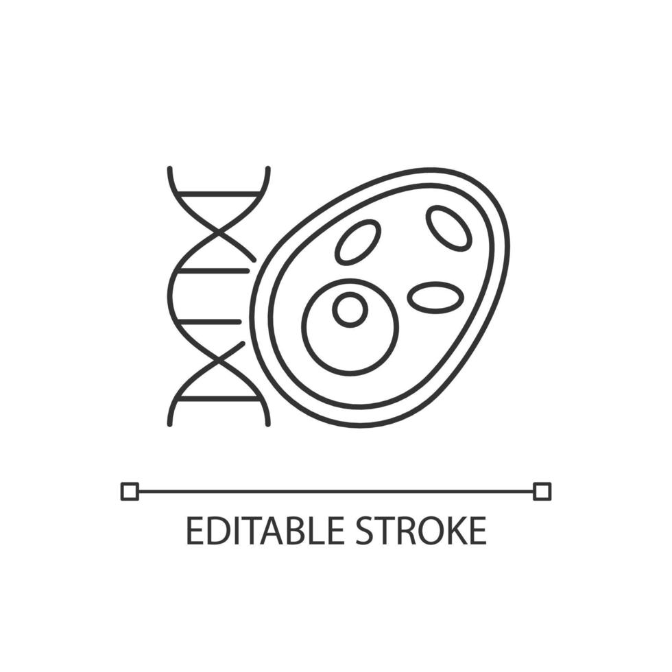 Biology linear icon. Stydying of various life processes, organisms. Cell with DNA structure.Thin line customizable illustration. Contour symbol. Vector isolated outline drawing. Editable stroke