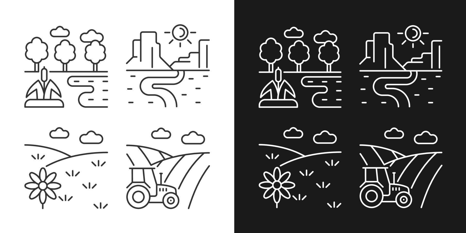 Diverse land types linear icons set for dark and light mode. Cultivable and barren soil. Agricultural industry. Customizable thin line symbols. Isolated vector outline illustrations. Editable stroke