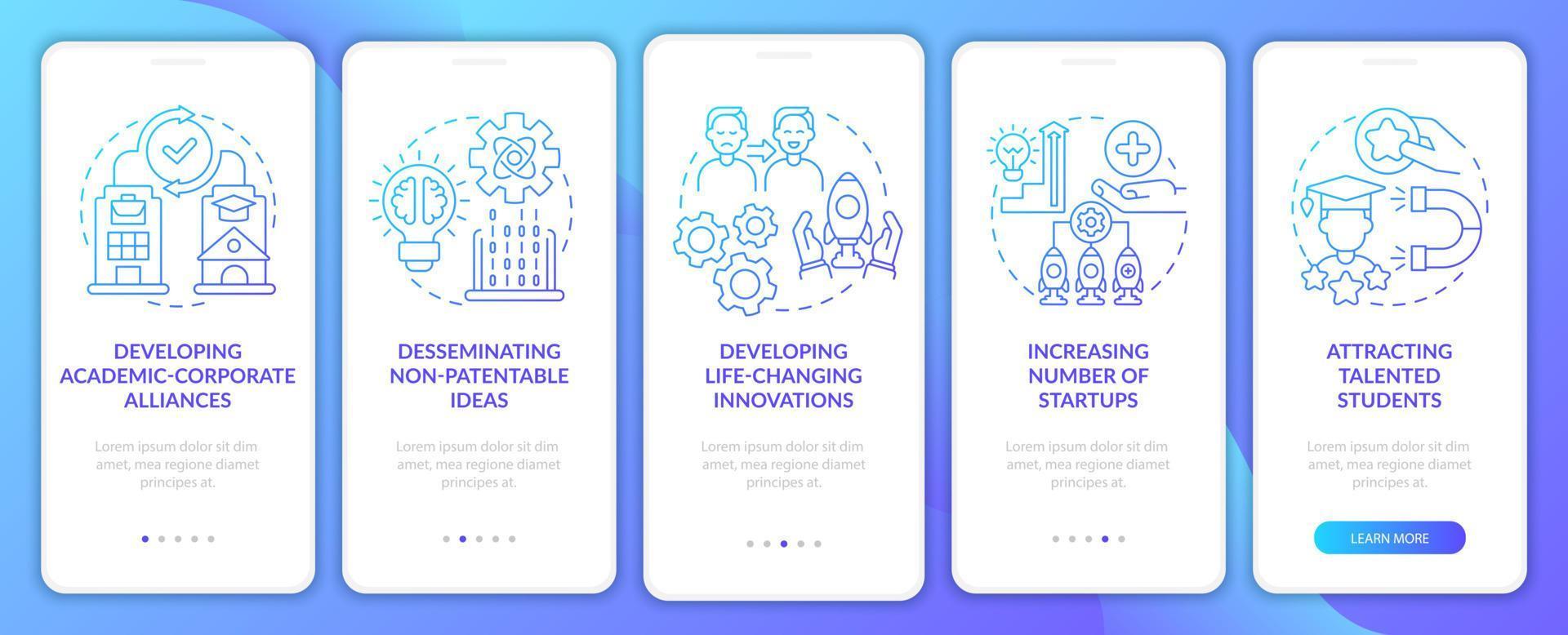 pantalla de la página de la aplicación móvil de incorporación de profesionales de transferencia de tecnología. tutorial de ideas de inventos que cambian la vida instrucciones gráficas de 5 pasos con conceptos. ui, ux, plantilla vectorial gui con ilustraciones en color lineal vector