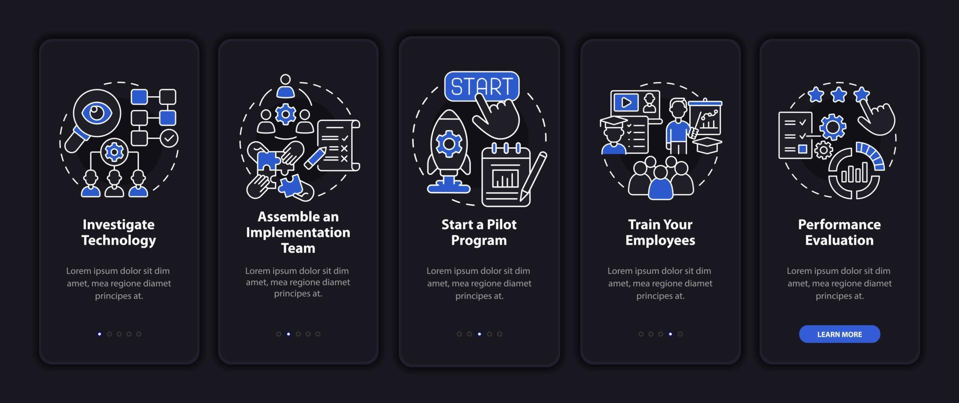 Technology execution steps onboarding mobile app page screen. Pilot program walkthrough 5 steps graphic instructions with concepts. UI, UX, GUI vector template with linear night mode illustrations