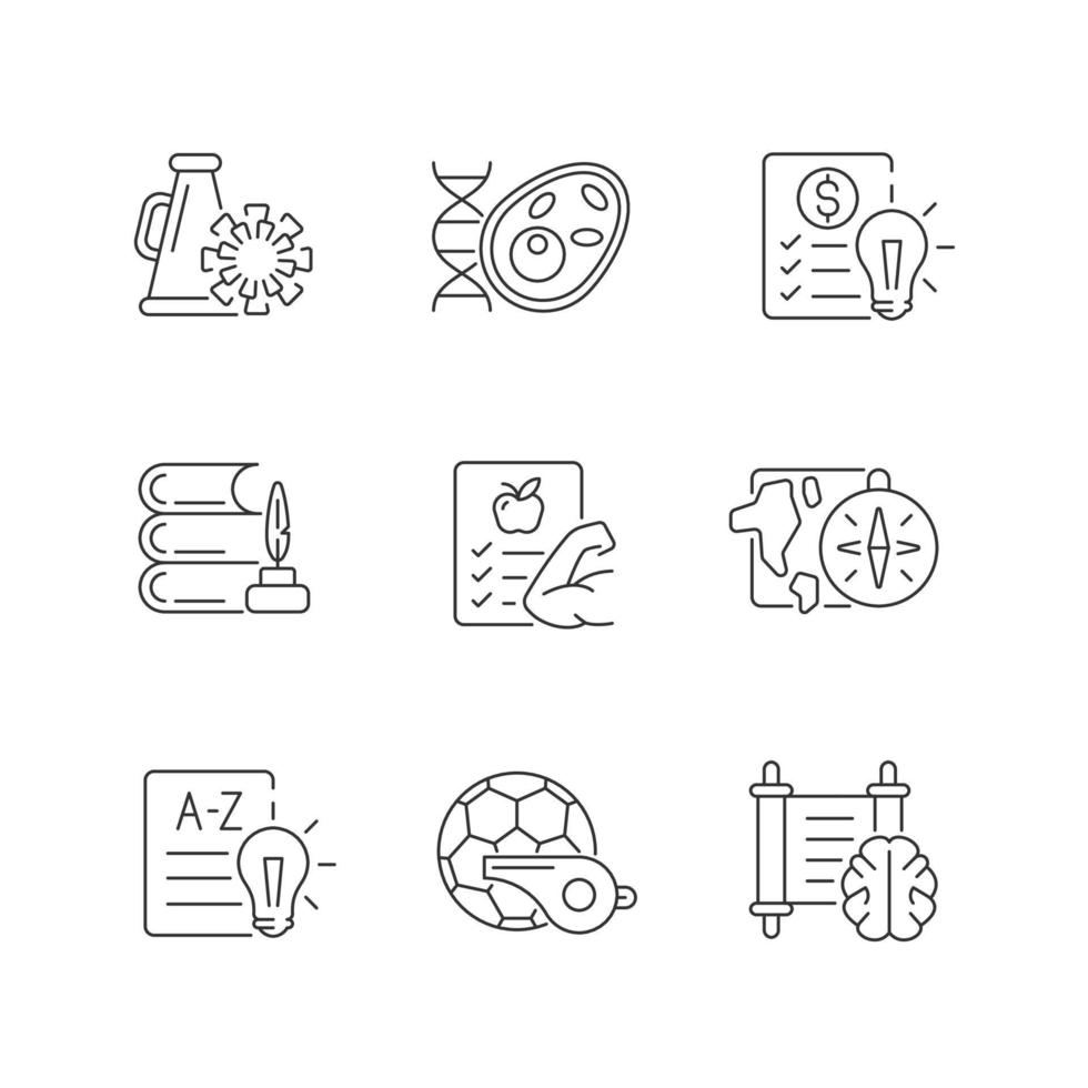 Various school subjects linear icons set. Humanities and applied sciences. Health course. Customizable thin line contour symbols. Isolated vector outline illustrations. Editable stroke