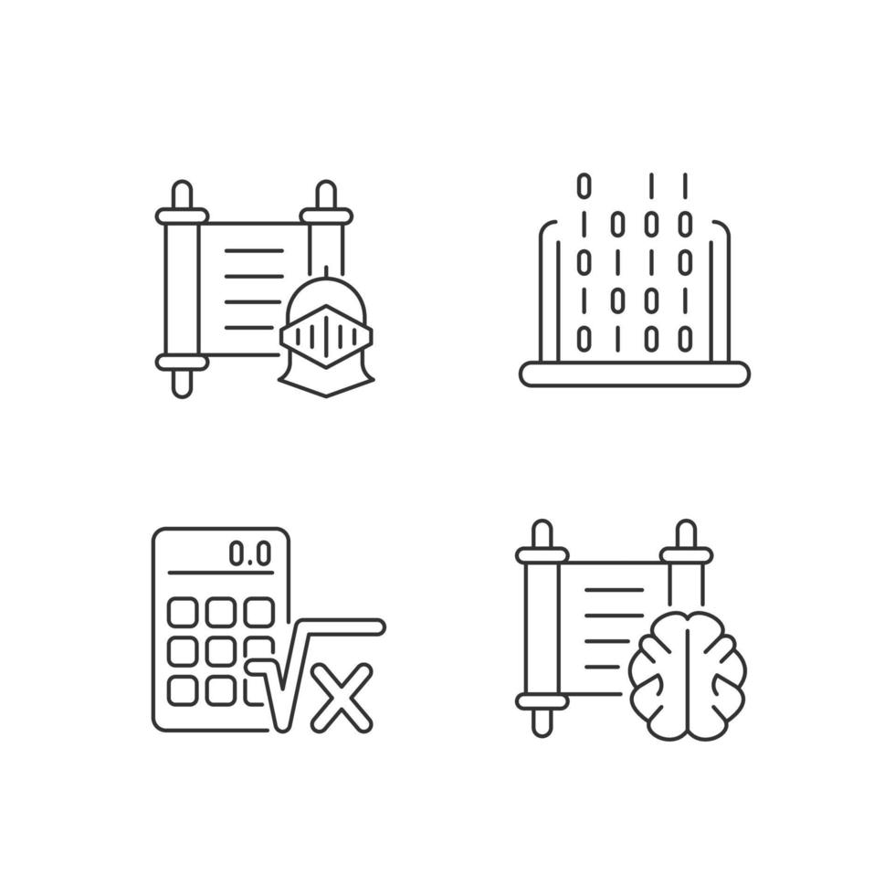 Humanities and applied subjects linear icons set. History, philosophy lesson. Algebra, IT classes. Customizable thin line contour symbols. Isolated vector outline illustrations. Editable stroke