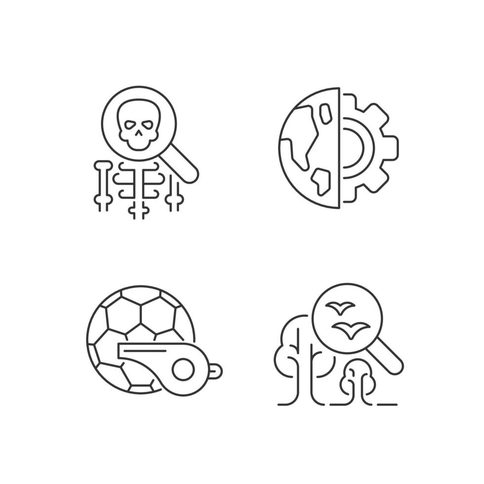 Variety of school subjects linear icons set. Earth, environmental sciences. Physical classes. Customizable thin line contour symbols. Isolated vector outline illustrations. Editable stroke