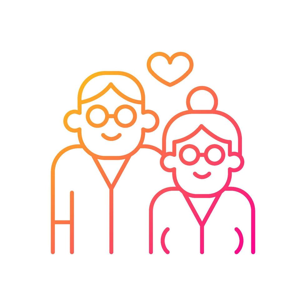 Elderly couple in love gradient linear vector icon. Everlasting love. Married for long time. Grow old with each other. Thin line color symbol. Modern style pictogram. Vector isolated outline drawing
