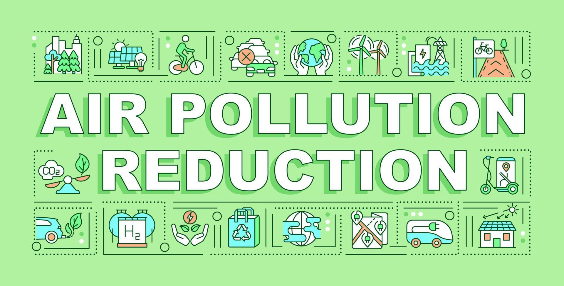 banner de conceptos de palabras de reducción de la contaminación del aire. reutilización y reciclaje. infografías con iconos lineales sobre fondo verde. tipografía creativa aislada. ilustración de color de contorno vectorial con texto vector