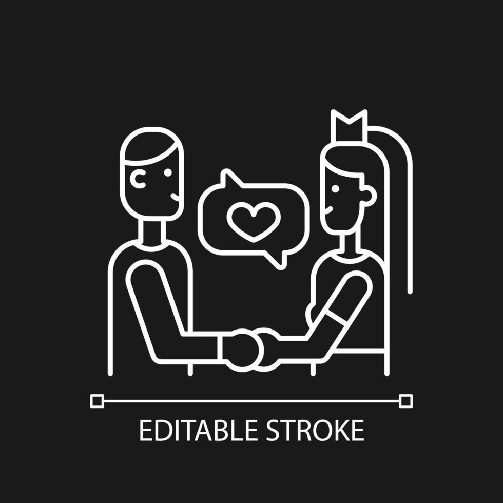 Wedding vow white linear icon for dark theme. Marriage tradition. Wedding ceremony. Bride and groom. Thin line customizable illustration. Isolated vector contour symbol for night mode. Editable stroke