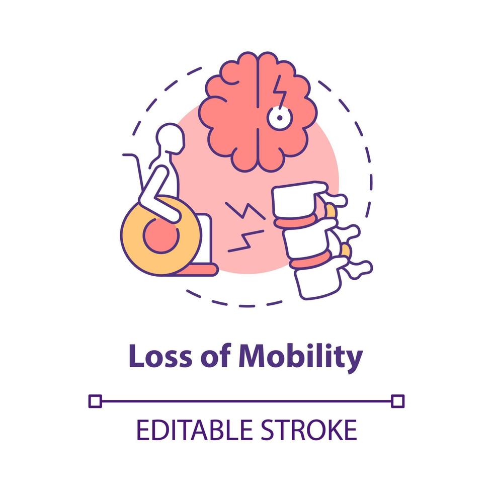 Loss of mobility concept icon. Person with disability in wheelchair. Neurological disorder. Physiotherapy abstract idea thin line illustration. Vector isolated outline color drawing. Editable stroke