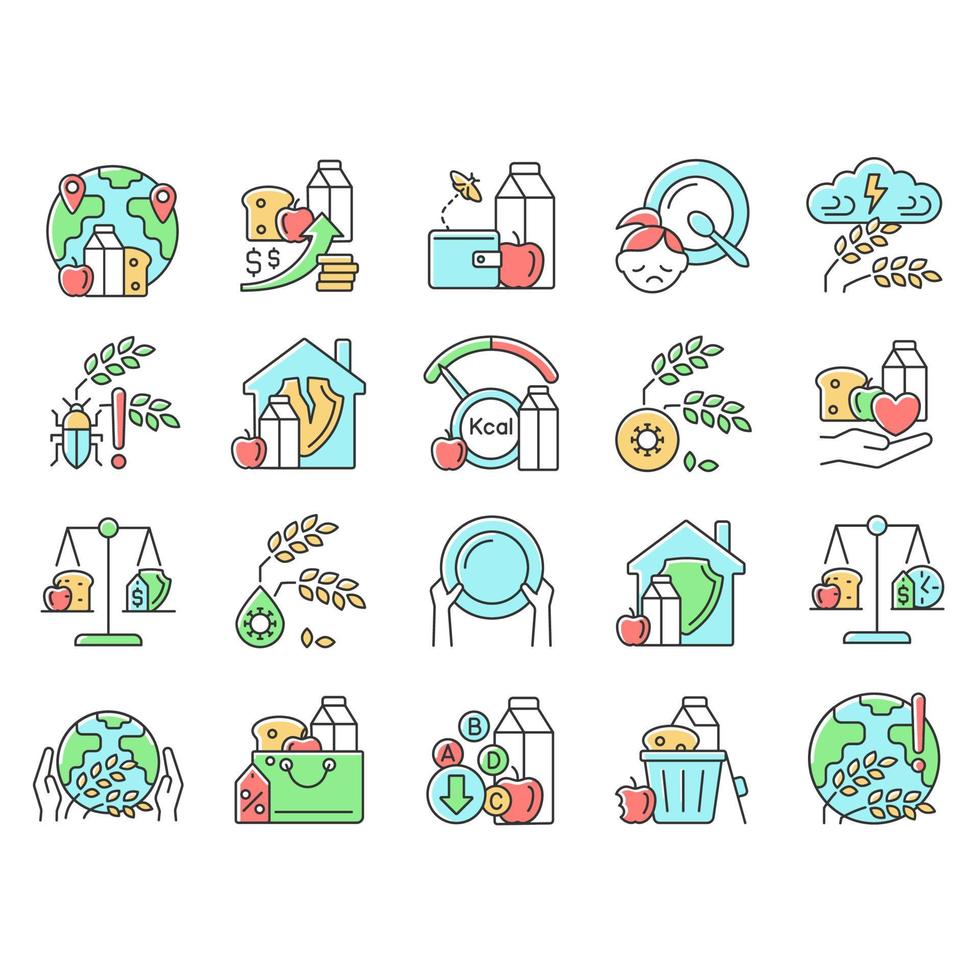 Hunger and food security RGB color icons set. Poverty and starvation. Harvest loss. Food justice volunteer organizations. Isolated vector illustrations. Simple filled line drawings collection