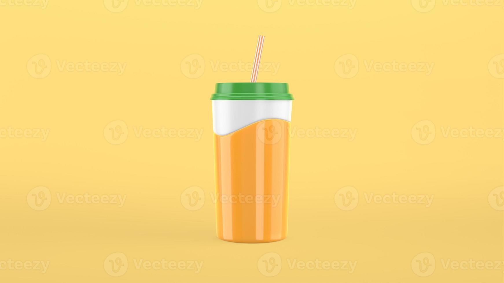 3D rendering paper cup of orange juice, slow motion wave splash. Craft, plastic cup with a straw cartoon style. photo