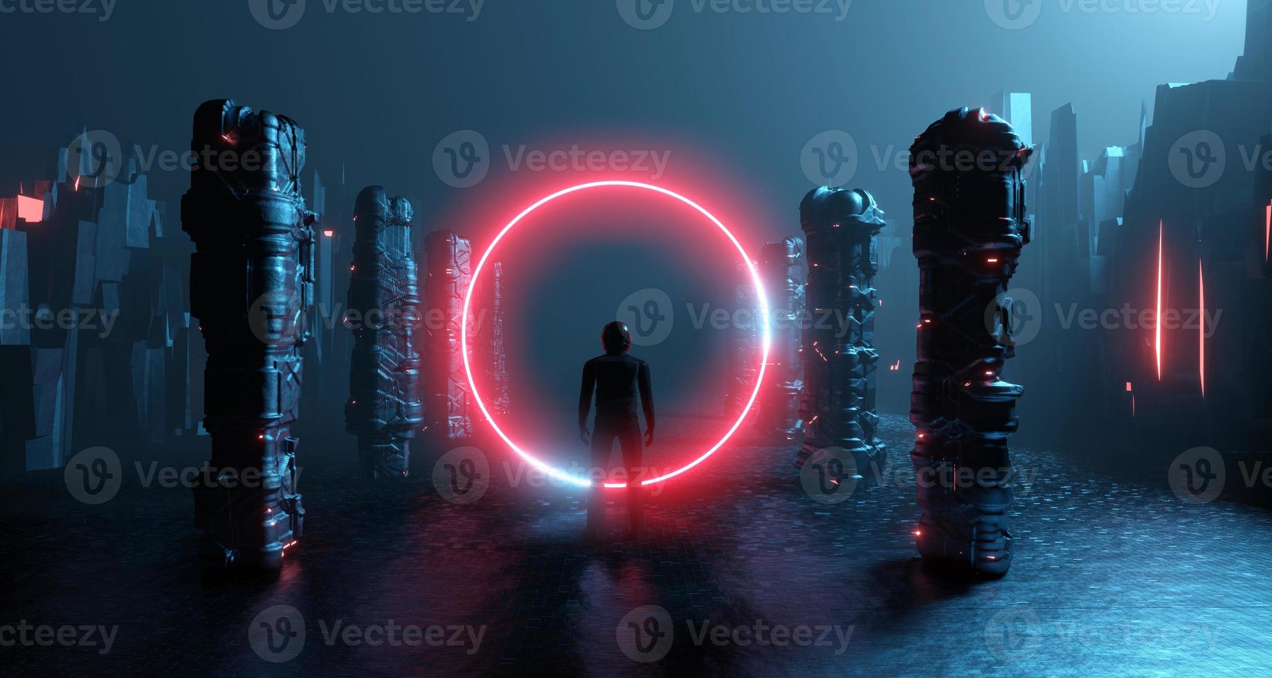 3D rendering fantastic scifi cyber reality. Alone man in helmet inside spaceship, blocks house, alien city road in front red neon circle portal, teleport. Landscape after apocalypse, epidemic, war. photo