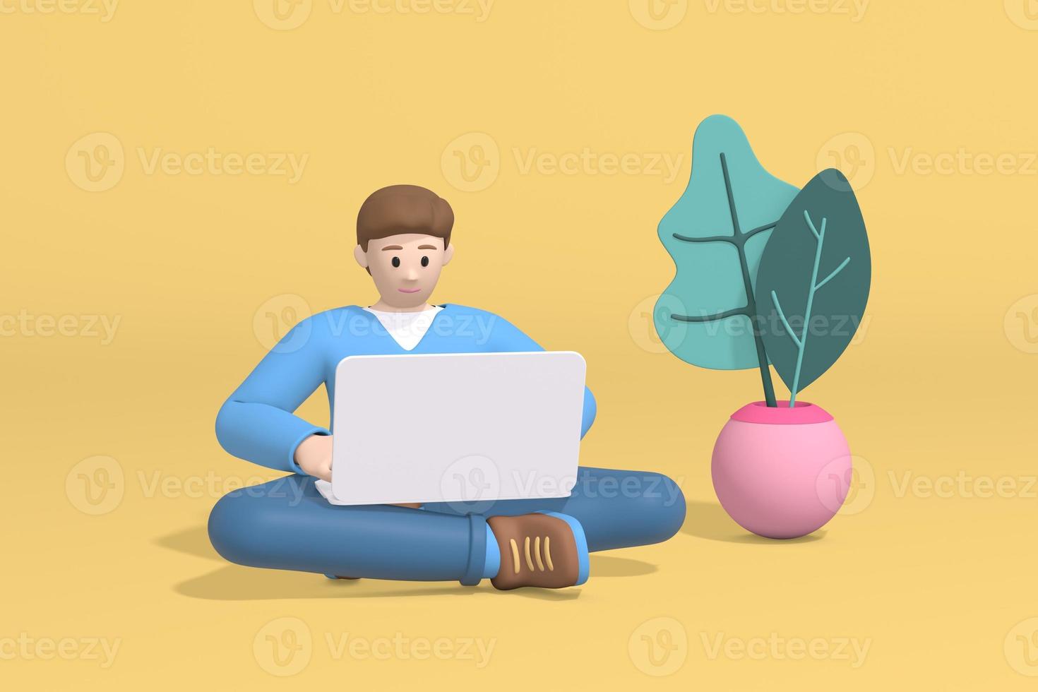 3d rendering young man guy, student, schoolboy or businessman sitting on the floor working at a laptop computer. Abstract minimal trendy cartoon disproportionate body man concept. photo