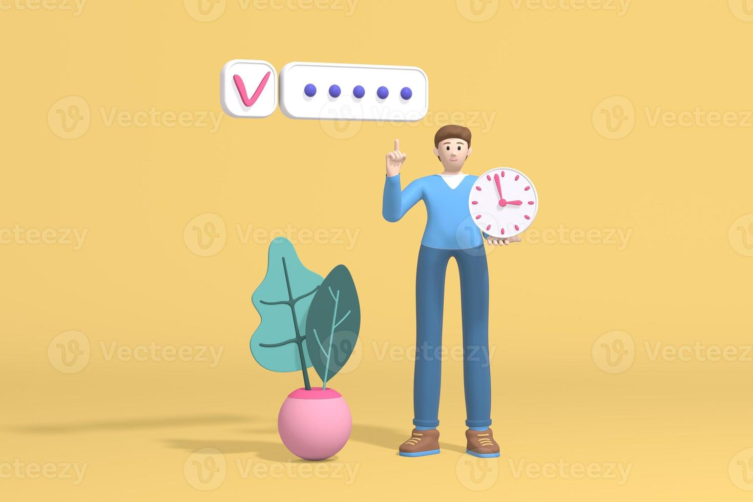 3d rendering character of a young guy, student or businessman holding a watch in his hand and successfully plans to organize work. Abstract minimal trendy cartoon disproportionate body man concept. photo
