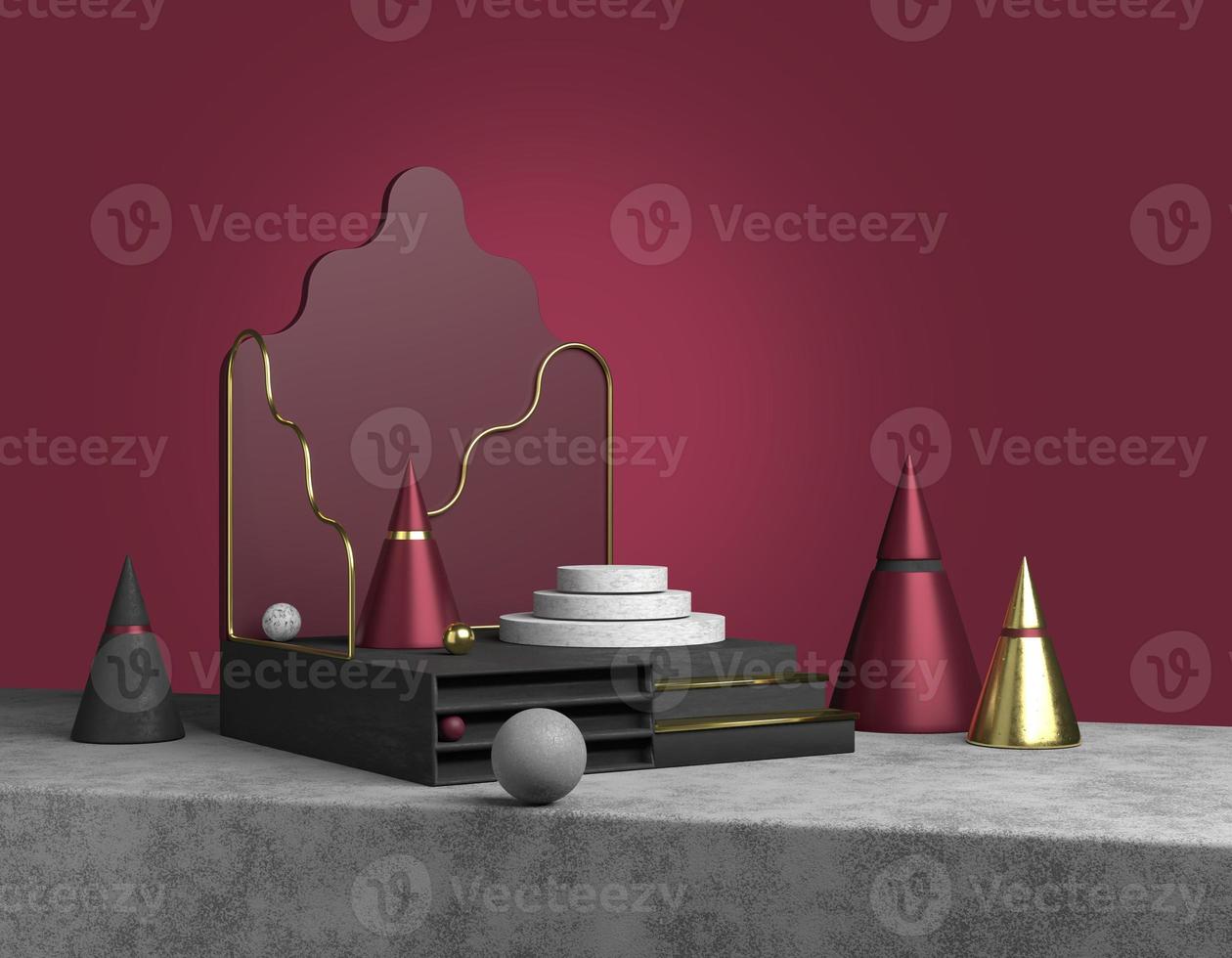 3D rendering abstract display product. Marble pedestal with steps on a concrete base, a vacant red wave board, black and gold cone, pyramid. Empty showcase with place for copy. Luxury dark background photo