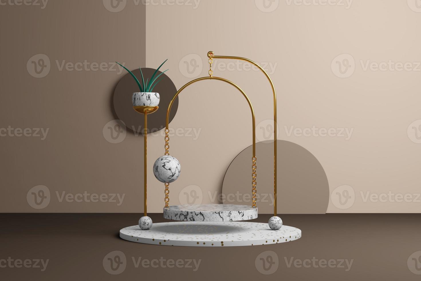 3D rendering black and white marble pedestal hanging on a gold metal wire. Abstract showcase in a brown, beige interior. Premium design round shapes with floral element. Empty space, vacant platform. photo