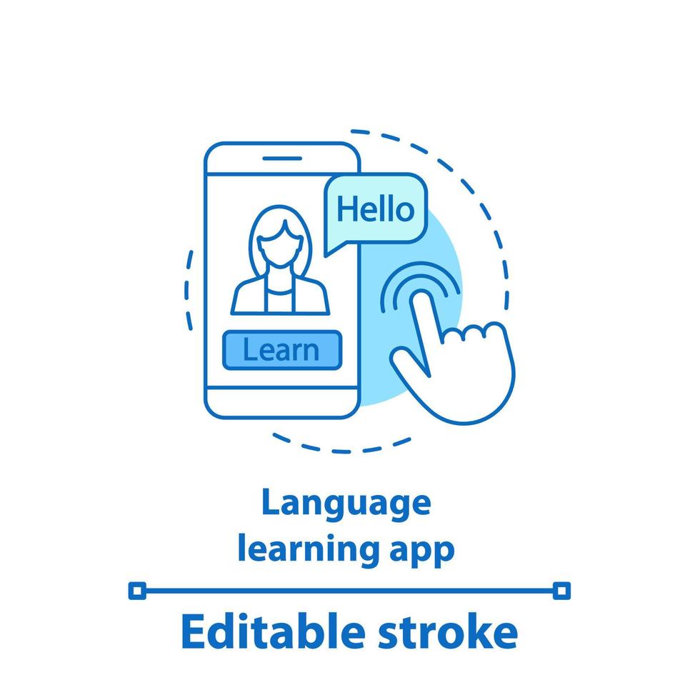 Language learning app concept icon. Online courses idea thin line illustration. E-learning. Spell check. Vector isolated outline drawing. Editable stroke