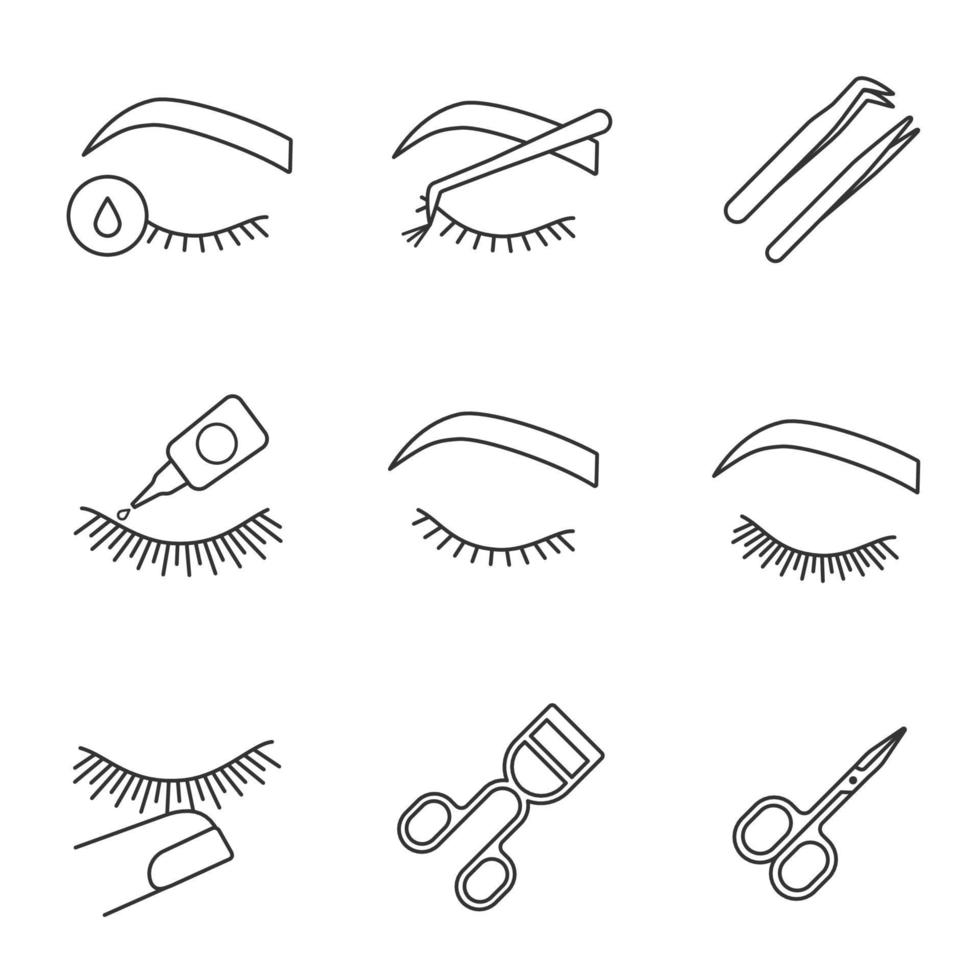 Eyelash extension linear icons set. Thin line contour symbols. Makeup tools. Primer, cluster, tweezers, glue, curler, scissors, stop touching. Isolated vector outline illustrations. Editable stroke