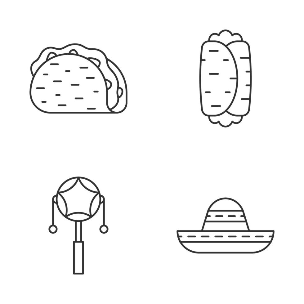 conjunto de iconos lineales mexicanos. fiesta latina taco, burrito, tambor de pellets mexicano, sombrero. símbolos de contorno de línea delgada. ilustraciones aisladas de contorno vectorial. trazo editable vector