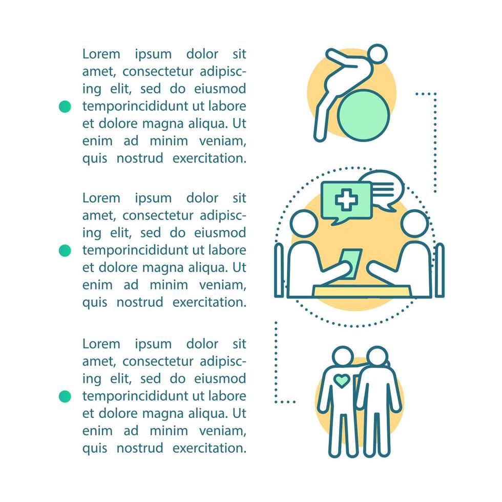 Rehabilitation hospital article page vector template. Brochure, magazine, booklet design element. Orthopedic service. Physical therapy. Catastrophic rehab.Print design. Concept illustrations with text