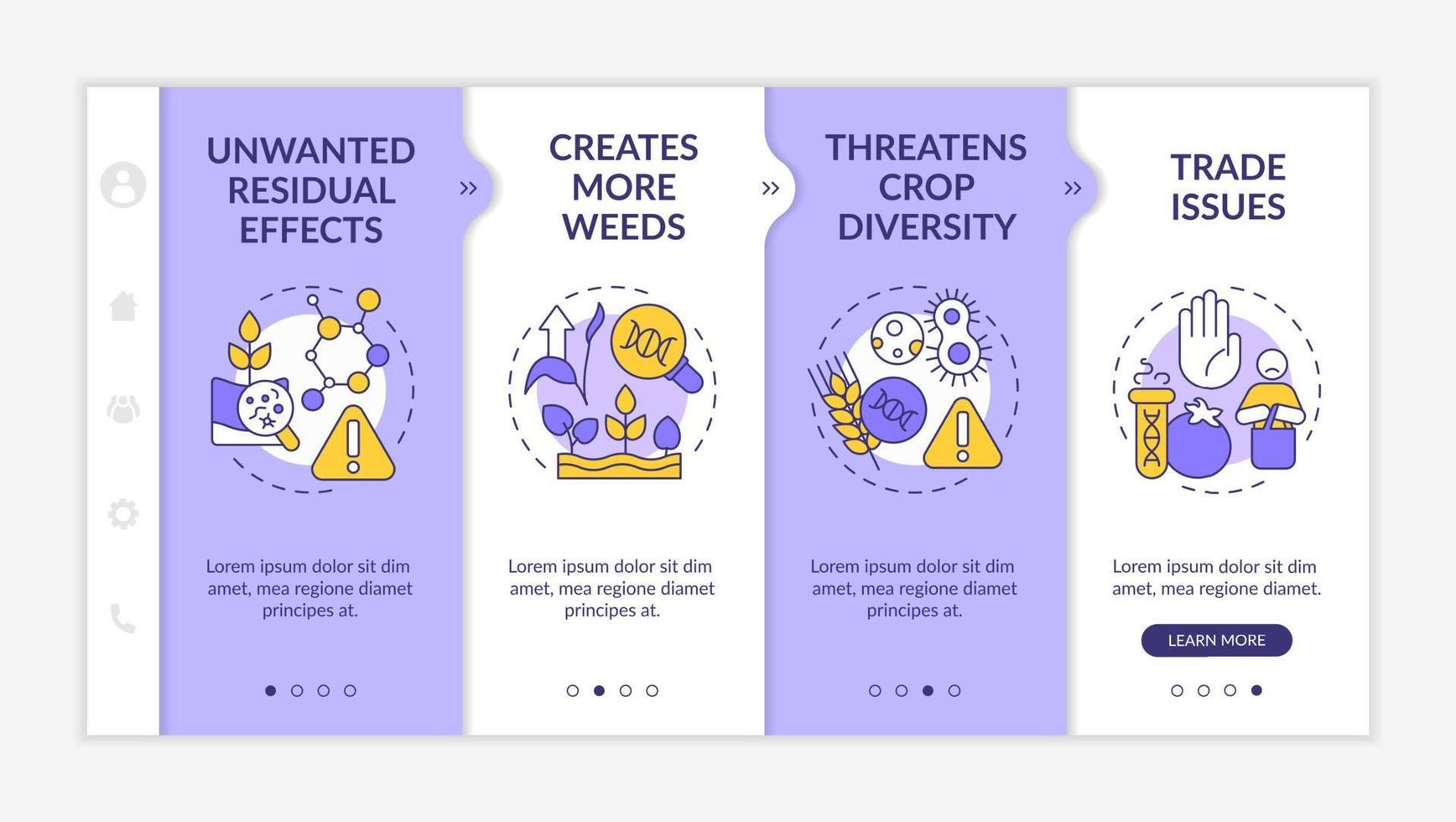 Disadvantages of gmo purple and white onboarding template. Food issues. Responsive mobile website with linear concept icons. Web page walkthrough 4 step screens. Lato-Bold, Regular fonts used vector